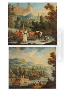 River Landscape With Elegantly Dressed Gentleman On A Path (+ River Landscape With A Drover, Cattle And Goats; Pair)