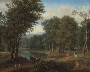 A Wooded River Landscape With Huntsmen And Their Dogs by Isaac de Moucheron