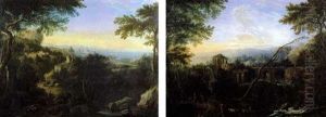 Paysage Panoramique Avec Une Riviere (+ Paysage Panoramique Avec Un Bord De Mer; Pair)