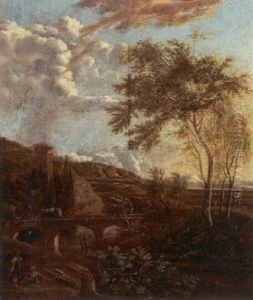 Romantisk Landskab Med Store Traeer Og En Bro Over Flod by Isaac de Moucheron