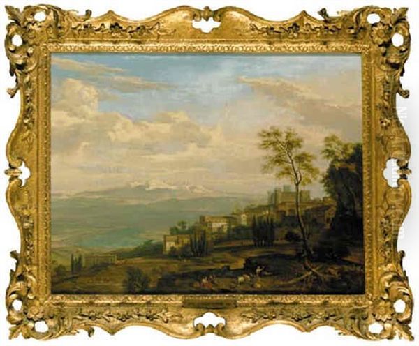 An Extensive Italianate Landscape With Shepherds And Shepherdesses Resting Before A Hilltop Town - view 1
