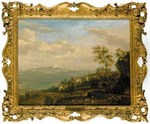 An Extensive Italianate Landscape With Shepherds And Shepherdesses Resting Before A Hilltop Town