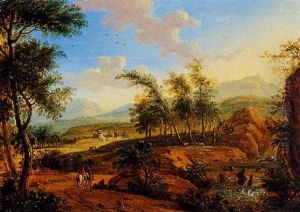 An Extensive Italianate Landscape With Horsemen, A Waterfall Nearby by Isaac de Moucheron