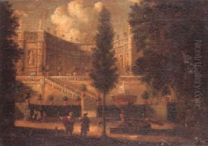 A Palace With Figures Walking In An Ornamental Garden