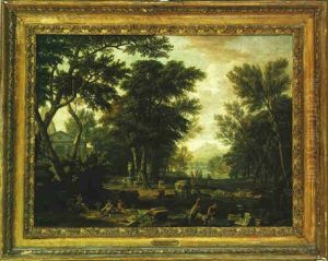 Figures In A Classical Wooded Landscape, With Mountains And A Lake Beyond by Isaac de Moucheron