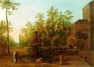 An Ornamental Garden With Figures Walking Beside A Fountain by Isaac de Moucheron