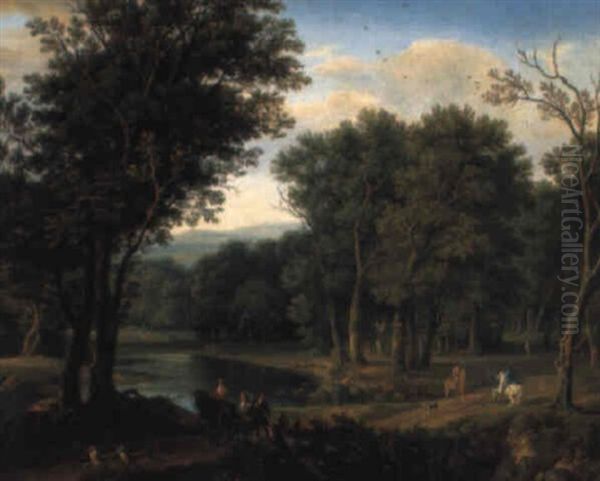 A Wooded River Landscape With Elegant Travellers And Dogs On A Track - view 1