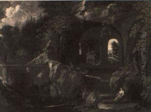 A Landscape With A Waterfall And A Man And Dog At A Trough by Isaac de Moucheron