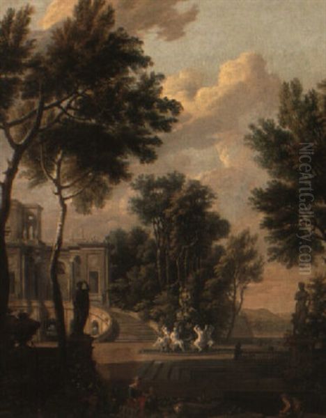Figures Before A Palace In A Classical Garden Landscape - view 1