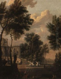 Figures Before A Palace In A Classical Garden Landscape by Isaac de Moucheron