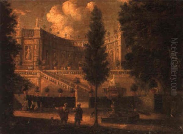 A Palace With Figures Walking In An Ornamental Garden - view 1