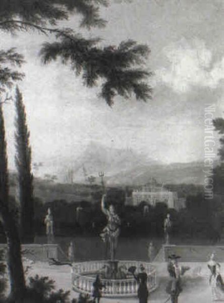 Elegant Figures In A Formal Garden, With..fountain Before A Country House - view 1