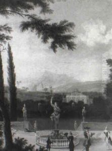 Elegant Figures In A Formal Garden, With..fountain Before A Country House by Isaac de Moucheron