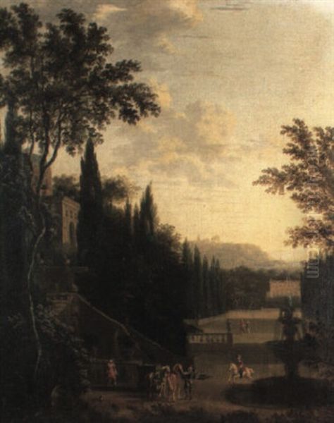 Figures And Horses By A Fountain In The Grounds Of An       Italianate Villa - view 1