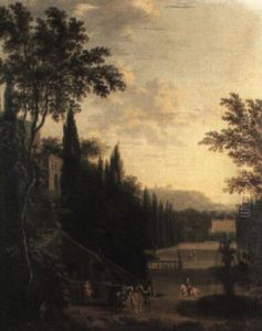 Figures And Horses By A Fountain In The Grounds Of An       Italianate Villa by Isaac de Moucheron
