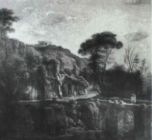 Rocky Italianate Landscape With Peasants And A Traveller On A Track by Isaac de Moucheron