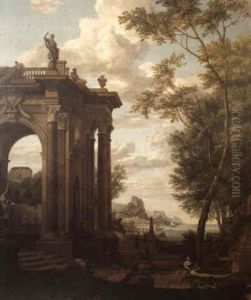 Paysage A Architecture Classique A Gauche Et Arbres A Droite by Isaac de Moucheron