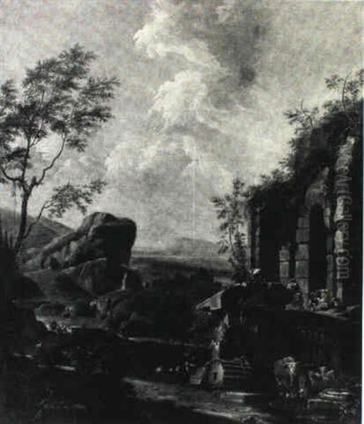 Italianate Landscape With Peasants And Animals Resting By Ruins, A Valley Beyond - view 1