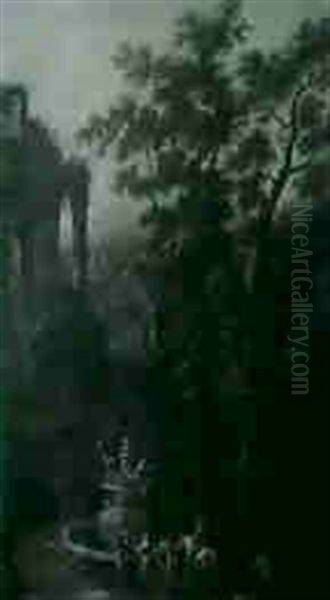 Travellers Resting At A Fountain Near A Classical Ruin - view 1