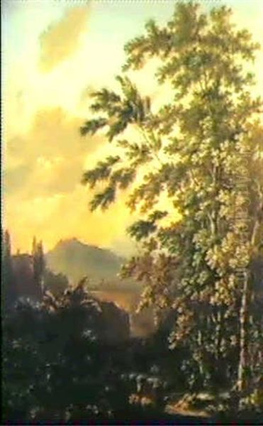 Waldlandschaft Mit Hirten Vorn Bei Kuhen, Schafen Und Ziegen - view 1