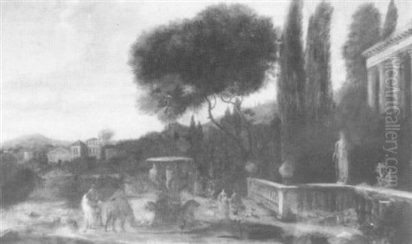 Elegant Figures On A Terrace By A Fountain In An Italianate Landscape - view 1
