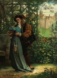 Scene From A Park With A Kissing Couple In Renaissance Costumes by Ludovic (Louis Hippolyte) Mouchot