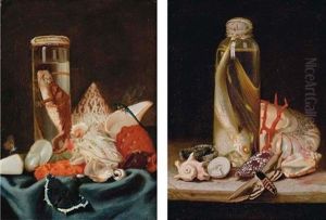 Shells, Butterflies, Insects And A Lizard In A Jar (+ Shells, A Moth, A Bird In A Nest And A Fish In A Jar; Pair) by Etienne Moulinneuf