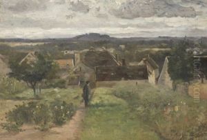 Franzosische Landschaft. Steinhauser Und Garten Bei Bedecktem Himmel Franzosische Landschaft. Steinhauser Und Garten Bei Bedecktem Himmel
