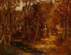 Figures In A Wooded River Landscape by William Mouncey