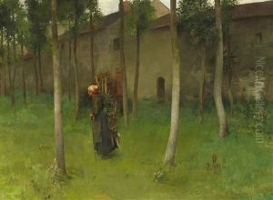 A Woman Gathering Sticks In The Outskirts Of A Village by Henry Siddons Mowbray