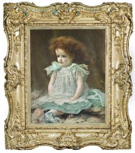 Portrait Of The Artist's Daughter, Seated Full Length, In A Turquoise Dress, A Doll At Her Feet