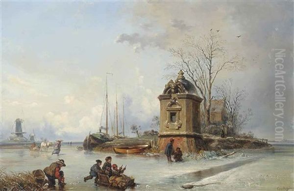 Skaters On A Dutch Canal Outside A Teahouse - view 1