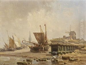Barques De Peche Sur Une Greve, Un Moulin Et Un Clocher Dans Le Fond