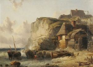 Fischerhutten An Der Kuste Mit Anlegendem Boot by Charles Louis Mozin
