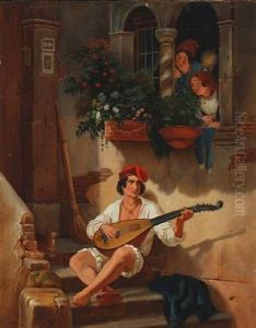 A Neapolitan Fisherman Singing To Zither Outside The Window Of A Couple Of Young Girls (after Wilhelm Marstrand) And Young Woman Stepping Out Of A House At Carnival Time (2 Works)
