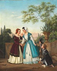 A Gallant Young Man Greets Two Well-dressed Young Ladies