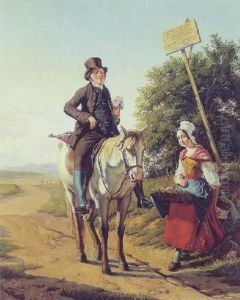 Herre Til Hest Kober En Busket Hos Blomsterpigen Pa Landevejen