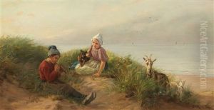 Children Playing On The Beach With A Dog And