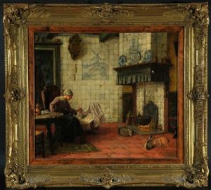 Hollandisches Stubeninterieur Mit Mutter Und Saugling Am Kaminfeuer by Karl Emil Muecke