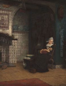 Mutter Und Kind Vor Dem Kamin by Karl Emil Muecke