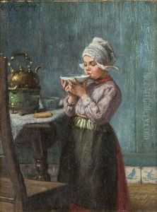 Die Naschkatze - Kleine Hollanderin Mit Einer Schale Kakao by Karl Emil Muecke