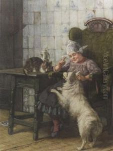 Genreszene. Hollandermadchen Mit Hund Und Katze In Der Stube by Karl Emil Muecke