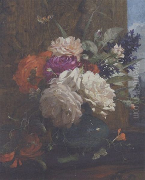 A Still Life Of A Vase Of Roses And A Butterfly On A Ledge, A Landscape Beyond - view 1