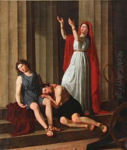 Cleobis Og Biton, To Unge Graekere, Som Har Trukket Deres Moder Til Junos Tempel, Ses Indslumrede Paa Templets Trin by Adam August Mueller