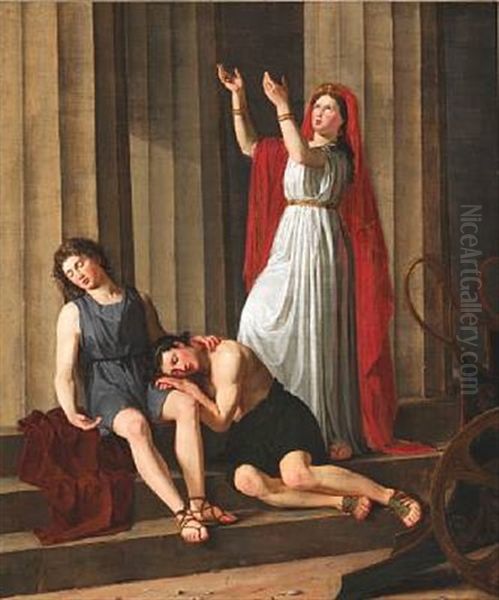 Cleobis Og Biton, To Unge Graekere, Som Har Trukket Deres Moder Til Junos Tempel, Ses Indslumrede Paa Templets Trin. Moderen, Junos Praestinde, Beder Gudinden Om At Skjaenke Dem, Hvad Der Er Det Bedste For Mennesket - view 1
