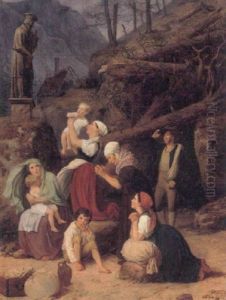 Bohmiske Landfolk, Som Efter Et Odelaeggende Uvejr Er Forsamlede Ved St. Nepomuks Billedstotte For At Anrabe Ham Om Bistand by Adam August Mueller