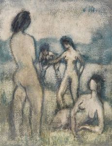 Vier Badende (stehende Und Liegende Weibliche Akte, Badende, Vier Lebensgrose Akte Auf Der Wiese) by Otto Mueller