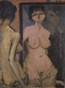 Akt Im Spiegel Mit Selbstbildnis (nude In Mirror With Self-portrait) Or Akt Mit Selbstbildnis Vor Dem Spiegel (nude With Self-portrait Before The Mirror) by Otto Mueller