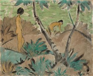 Zwei Madchen Mit Gegabeltem Baum by Otto Mueller