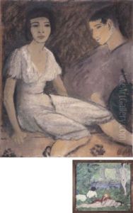 Paar Mit Grunem Facher - Jungling Und Madchen by Otto Mueller